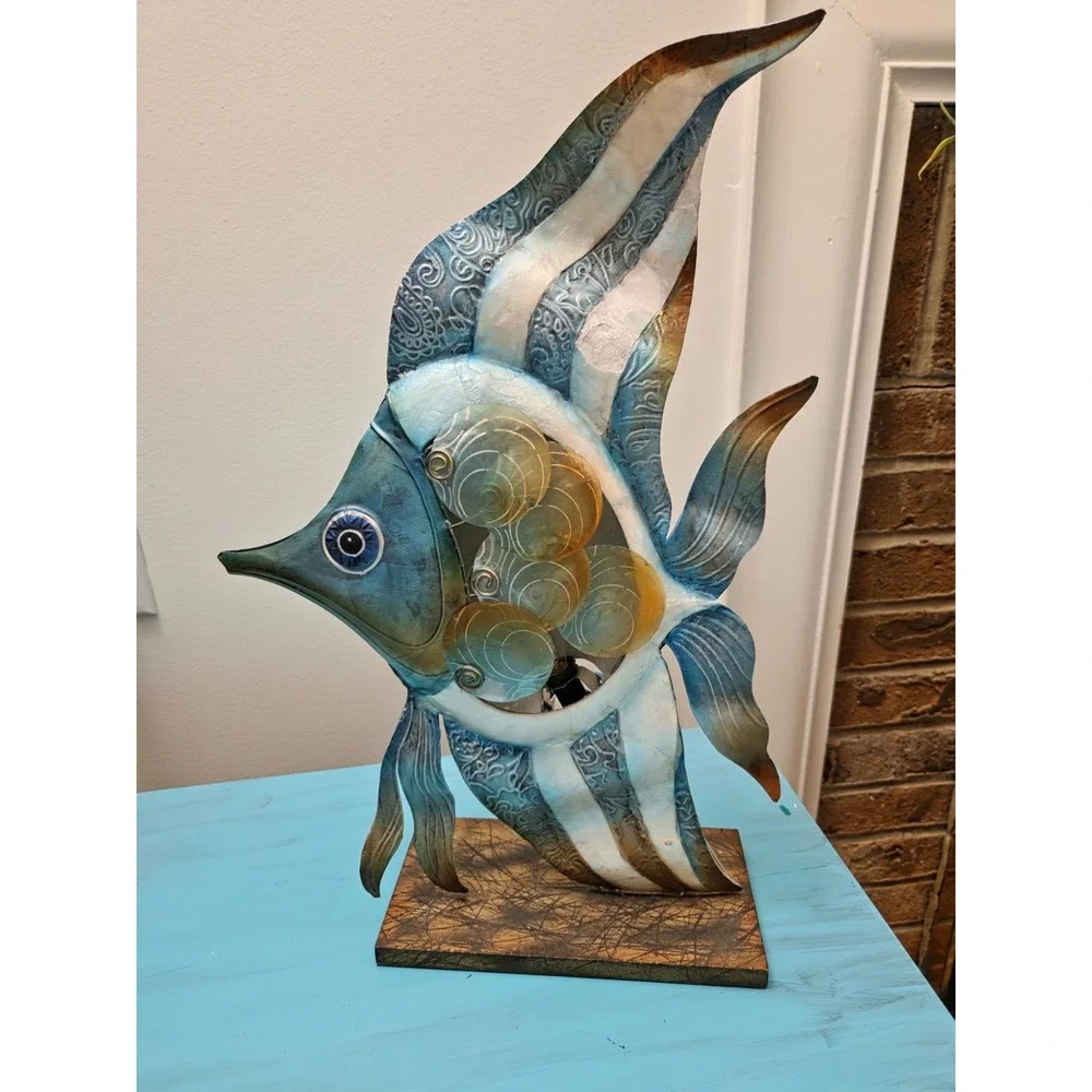Pier 1 Imports Metal Fish Lamp Capiz Shell‎ Coastal Nautical Accent Light